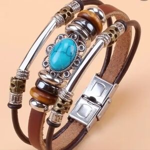 Vintage Green Turquoise beaded leather bracelet